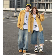 批发黄色<b class='q'>格子衬衫</b>男款美式复古多巴胺少年感衬衣夏季情侣度假防晒外套