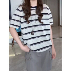 批发欧货爱心条纹2026夏季薄款短袖T恤<b class='q'>女</b>大码胖m 竹节麻