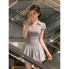 批发己出货 假两件拼接<b class='q'>波点</b>短袖<b class='q'>连衣裙</b>收腰裙子蓬蓬花苞短裙