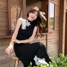 批发己出货 无袖蕾丝刺绣<b class='q'>连衣裙</b>黑色高级感A字长裙