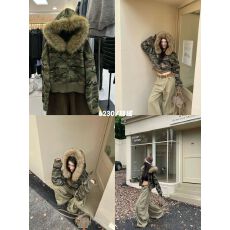 批发有货 原版面料韩系可拆卸大毛领连帽拉链迷彩卫衣<b class='q'>外套</b>