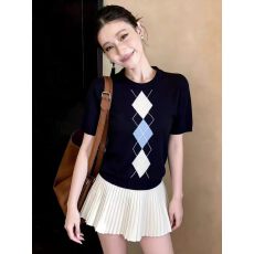 批发<b class='q'>正品</b>哥家新款2026夏季复古撞色菱格短袖针织衫时尚潮流显瘦上衣女