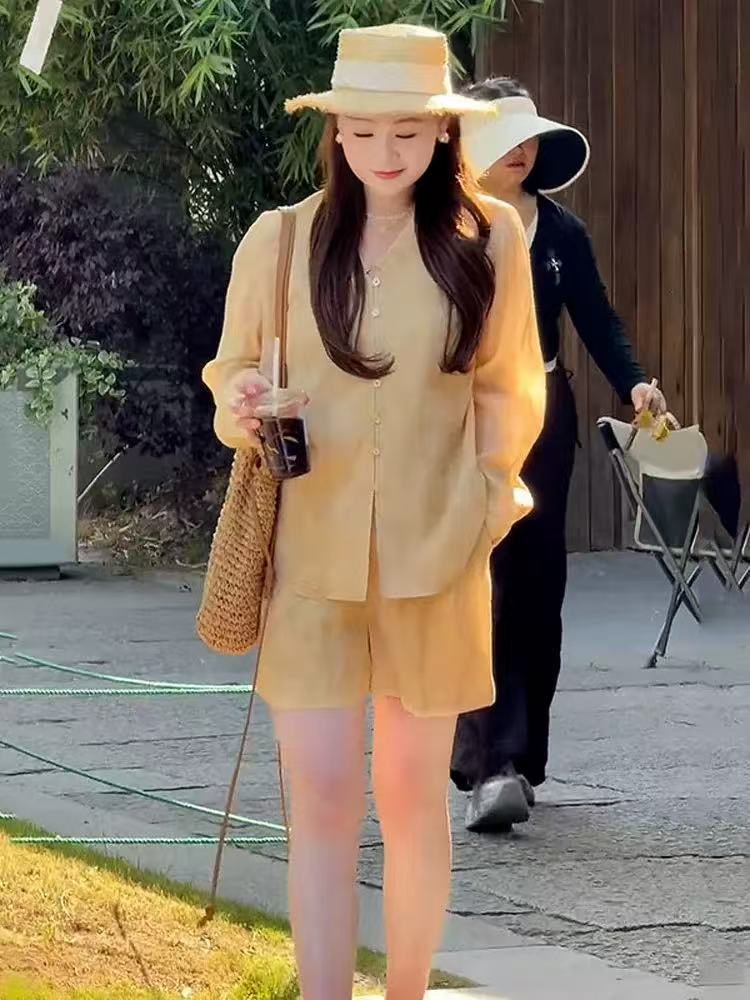 RY8563# 大码新中式防晒衬衫短裤两件套2025女夏季新款胖mm巨显瘦气质套装