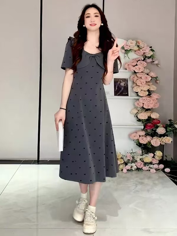 RY8561# 大码女装蝴蝶结木耳边方领连衣裙夏季新款胖mm收腰巨显瘦a字裙子
