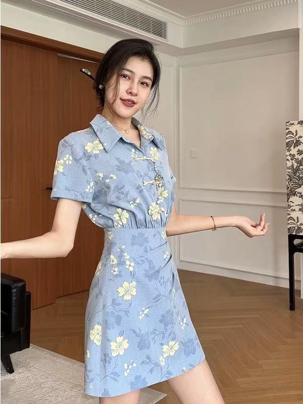 RY8558# 大码女装新中式国风盘扣碎花连衣裙夏季新款胖mm收腰显瘦绝美裙子