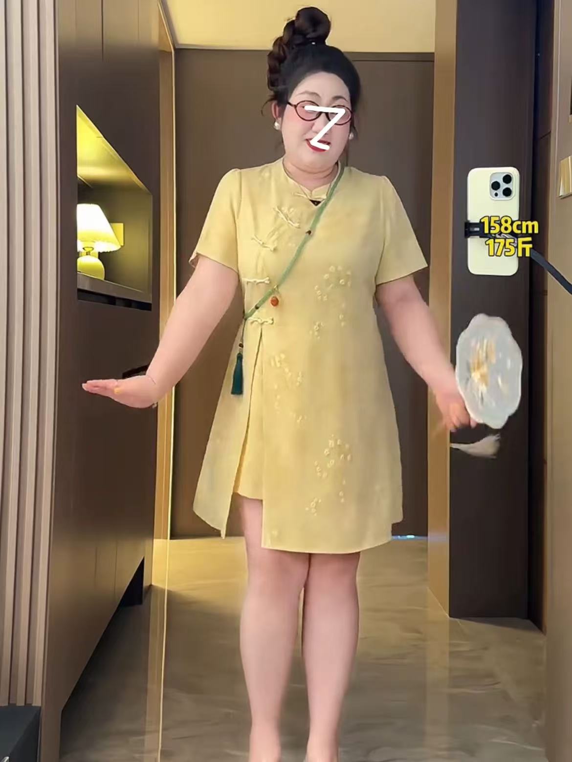 MY15828#大码新中式盘扣收腰开叉旗袍短裤两件套女胖mm国风气质巨显瘦套装