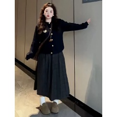 批发<b class='q'>大码</b>学院风套装针织上衣格子半裙两件套女胖mm减龄早秋穿搭一整套