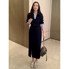 批发大码休闲气质V领上衣半裙两件套女胖mm秋冬梨型身材显瘦穿搭套装