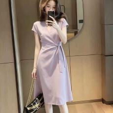批发法式休闲<b class='q'>连衣裙</b>女夏新款紫色短袖开叉收腰显瘦<b class='q'>气质</b>a字裙子中长款
