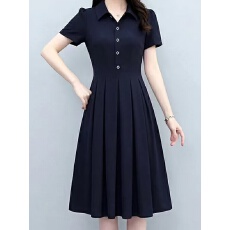 批发高级感冰丝四面弹藏蓝色衬衫<b class='q'>连衣裙</b>夏季短袖新款<b class='q'>气质</b>显瘦时尚裙子