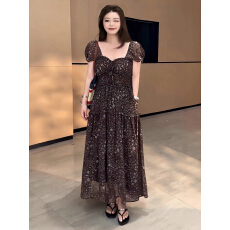 批发Rou8ao微胖大码甜美风方领收腰显瘦碎花连衣裙夏上新时尚遮肉长裙