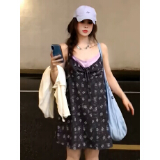 批发大码紫色碎花吊带裙女夏季胖mm宽松显瘦梨型遮跨绝美假两件连衣裙