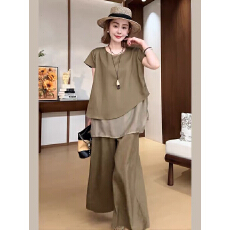 批发高端轻奢大码女装<b class='q'>夏</b>季新款简约风设计感灰绿色圆领假两件套头上衣