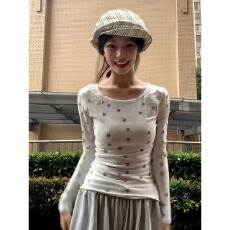批发原版面料 辣妹长袖t恤女秋冬新款星星印花修身显瘦<b class='q'>打底衫</b>内搭上衣