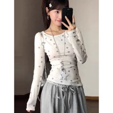 批发原版面料 韩系星星满印翅膀刺绣长袖T恤女春秋新款修身<b class='q'>打底衫</b>上衣