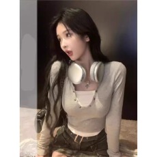 批发人棉莫代尔 <b class='q'>欧美</b>撞色长袖春秋新款辣妹jazz短款纯欲假两件上衣ins