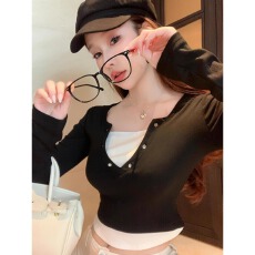 人棉莫代尔 设计感假两件撞色打底长袖T恤女秋冬季修身短款上衣潮