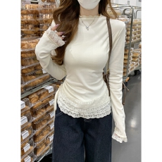 批发罗纹德绒 甜辣妹杏色气质蕾丝花边长袖T恤女秋季收腰显瘦百搭上衣