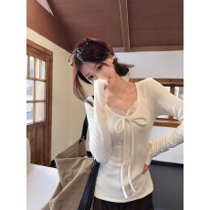 批发罗纹德绒 温柔风蕾丝拼接蝴蝶结<b class='q'>长袖</b>T恤<b class='q'>打底衫</b>女秋季内搭修身上衣