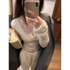 批发罗纹德绒 纯欲蕾丝V领长袖t恤女秋冬内搭打底衫独特绝美辣妹上衣