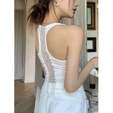 批发40支酷丝罗纹 夏季新款蕾丝拼接镂空露背吊带<b class='q'>百搭</b>背心女上衣内搭