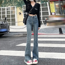 批发毛边微喇牛仔裤女春秋小个子修身高腰弹力马蹄裤复古直筒喇叭长裤