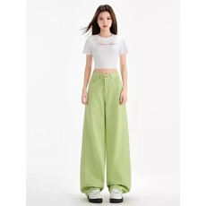 批发绿色阔腿牛仔<b class='q'>裤</b>女春夏韩版ins高腰<b class='q'>显瘦</b>学生百搭小个子拖地直筒<b class='q'>裤</b>