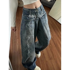 批发美式复古水洗做旧口袋玫瑰刺绣阔腿<b class='q'>牛仔</b>裤女春季宽松垂感拖地长裤