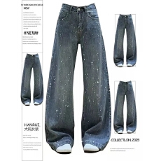 批发重工流星<b class='q'>雨</b>烫钻阔腿牛仔裤秋冬季爆款高腰显瘦垂感直筒宽松拖地裤