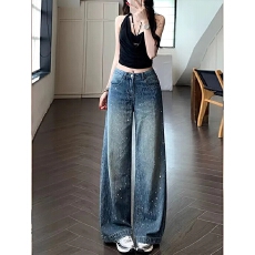 批发美式闪光设计<b class='q'>镶钻</b>微喇阔腿<b class='q'>牛仔裤</b>女2026春季新款修身显瘦直筒裤子