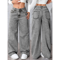 批发希音/temu/TK/<b class='q'>欧美</b>跨境高腰阔腿牛仔<b class='q'>裤</b>百搭弹力日常四季舒适女士