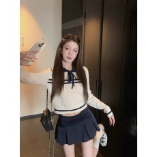 批发甜美减龄气质套装女韩系显瘦拼色领麻花针织毛衣+<b class='q'>百褶</b>短裙两件套