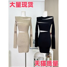 批发致浪漫设计师款镂空<b class='q'>欧根纱</b>性感针织秋季紧身包臀收腰<b class='q'>连衣裙</b>