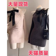 批发韩版<b class='q'>连衣裙</b><b class='q'>女</b>2025秋冬季新款显身材收腰蝴蝶结镂空露肩包臀短裙子