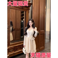 批发温柔风气质针织<b class='q'>连衣裙</b><b class='q'>女</b>装秋季长袖v领收腰裙子蝴蝶结百褶a字短裙