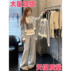 批发慵懒风撞色拼接开衫卫衣套装女<b class='q'>秋</b>冬加绒舒适百搭外套阔腿裤两件套