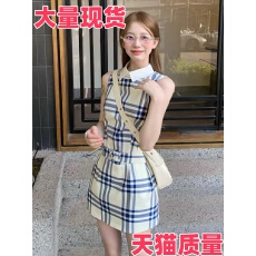 批发法式学院千金风蓝色格纹假两件连衣裙女夏季腰带装饰收腰显瘦短裙