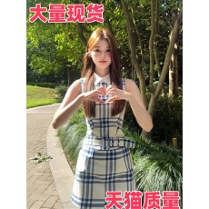 批发法式学院风格纹拼接无袖连衣裙女夏季高级感收腰显瘦气质百搭短裙