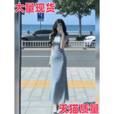 新中式蓝色波点短袖旗袍连衣裙女夏季气质纯欲修身显瘦包臀长裙子