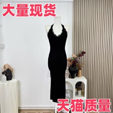 批发纯欲性感蕾丝挂脖针织连衣裙女御姐露背修身包臀裙名媛生日小礼服