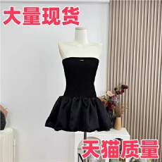 批发法式千金黑色抹胸无袖拼接花苞<b class='q'>连衣裙</b>女夏季新款收腰显瘦蓬蓬短裙