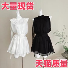 甜美法式气质飘带挂脖连衣裙高级感挂脖半裙套装