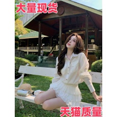 批发甜美气质风<b class='q'>真丝</b>衬衫套装女夏季蓬蓬<b class='q'>裙</b>短<b class='q'>裙</b>
