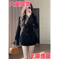 批发设计感<b class='q'>套装</b>春秋收腰显瘦黑色<b class='q'>丝绒</b>西装外套+纯欲半身裙裤两件套女