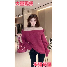 批发高级感纯色立体<b class='q'>花朵</b>长袖毛衣秋冬辣妹露肩显瘦上衣