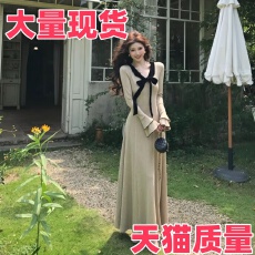 批发法式温柔风气质黑丝绒<b class='q'>蝴蝶结</b>V领长袖收腰显瘦针织<b class='q'>连衣裙</b>早秋新款