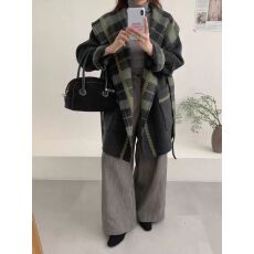 批发简约大翻领格纹双面羊毛系带<b class='q'>大衣</b><b class='q'>女士</b>中长款秋冬宽松外套
