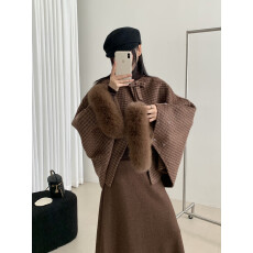 批发红典格子大毛袖斗篷外套女2025新款时尚风<b class='q'>双面</b>羊毛<b class='q'>大衣</b>