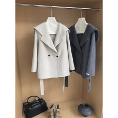 批发小魔<b class='q'>女</b>风海军领双排扣腰带全澳毛双面手缝大衣