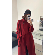 批发真羊毛!红色中长款系带毛呢外套高级感双面呢羊毛大衣女装